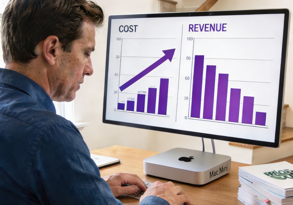 John Mac reviewing email marketing cost and revenue comparison charts on his desktop monitor