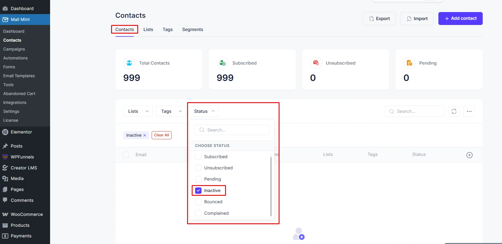 08 mail mint inactive contact status filter
