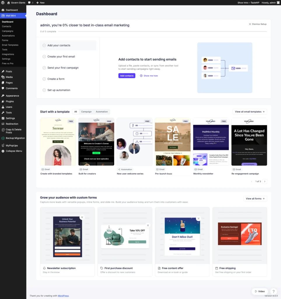 mail mint dashboard setup