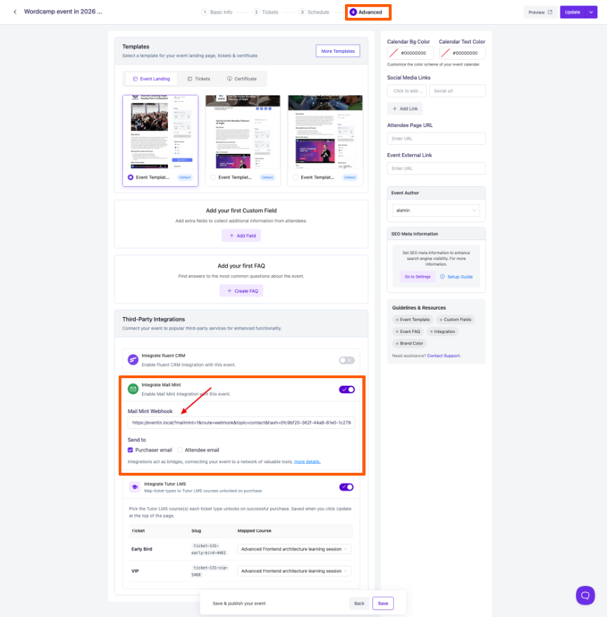 Eventin integration with Mail Mint