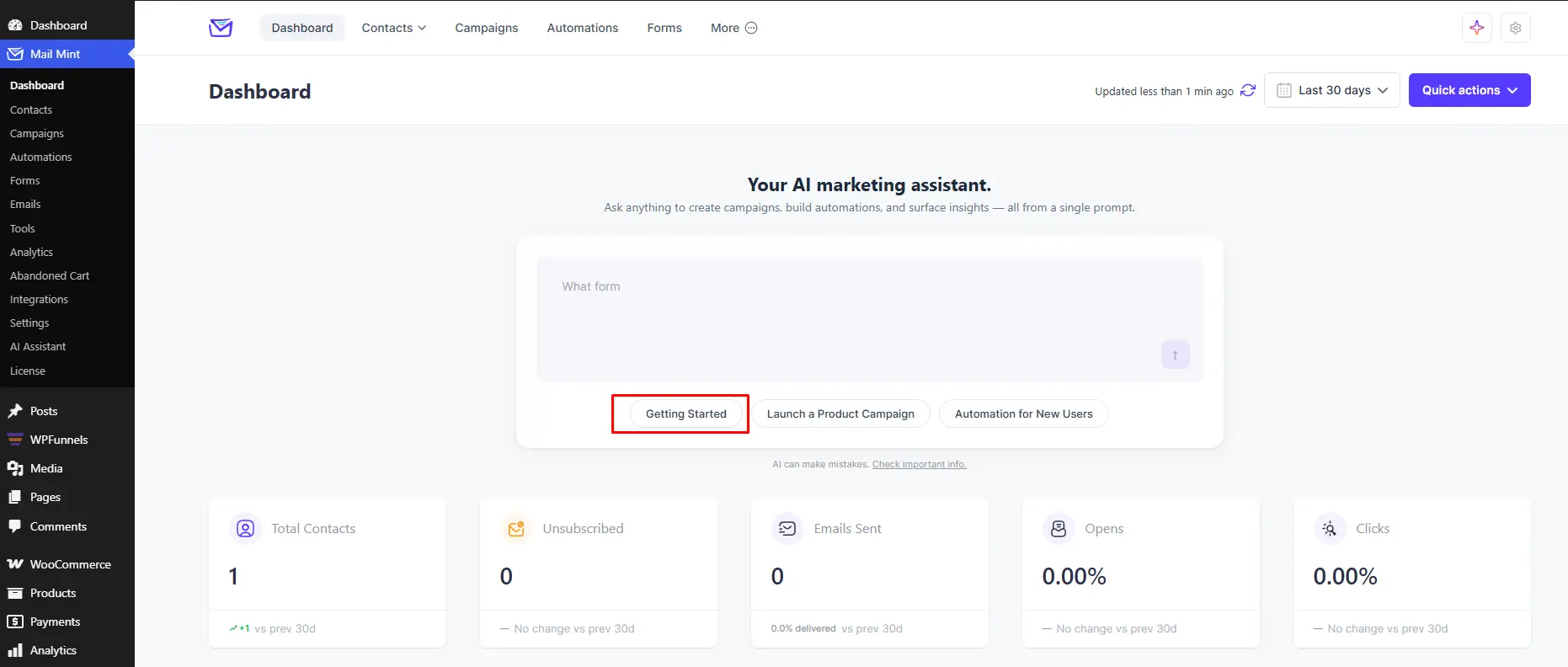 The Getting Started quick action in Mail Mint's AI Assistant for setting up email marketing.