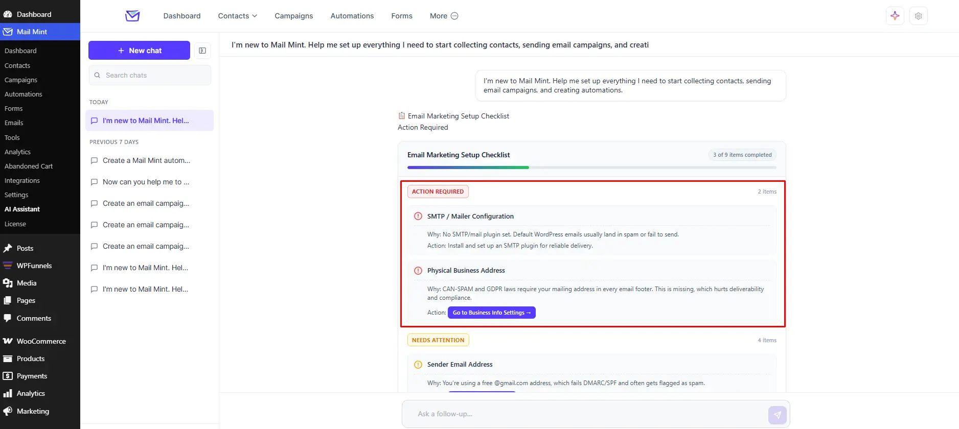 AI Assistant reviewing the Mail Mint setup and highlighting missing email marketing settings.
