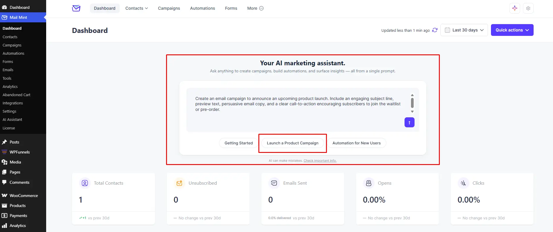 The Launch a Product Campaign quick action inside the Mail Mint AI Assistant.