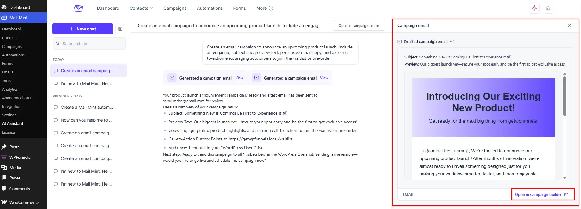 AI Assistant generating a complete email campaign that can be opened in the Mail Mint Campaign Builder.