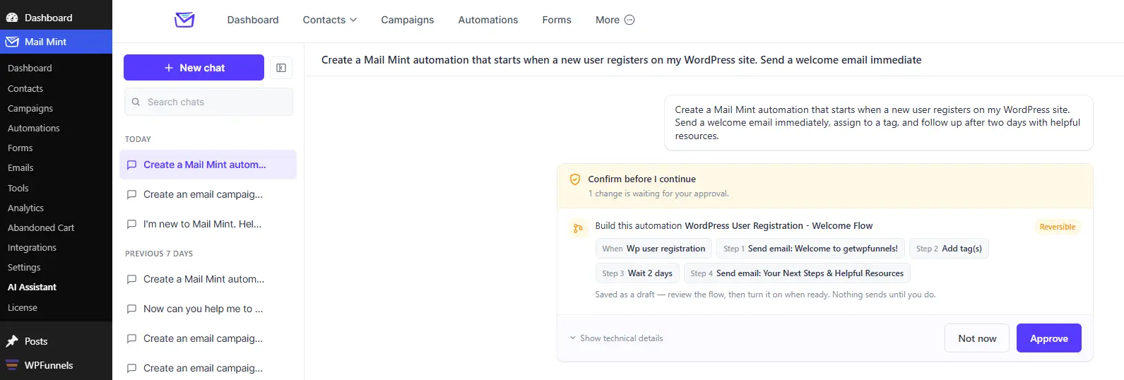 AI Assistant preparing a welcome email automation and asking for approval before creating it.