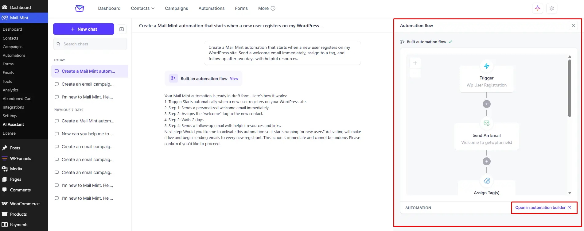AI-generated welcome automation opened in the Mail Mint Automation Builder for review and customization.