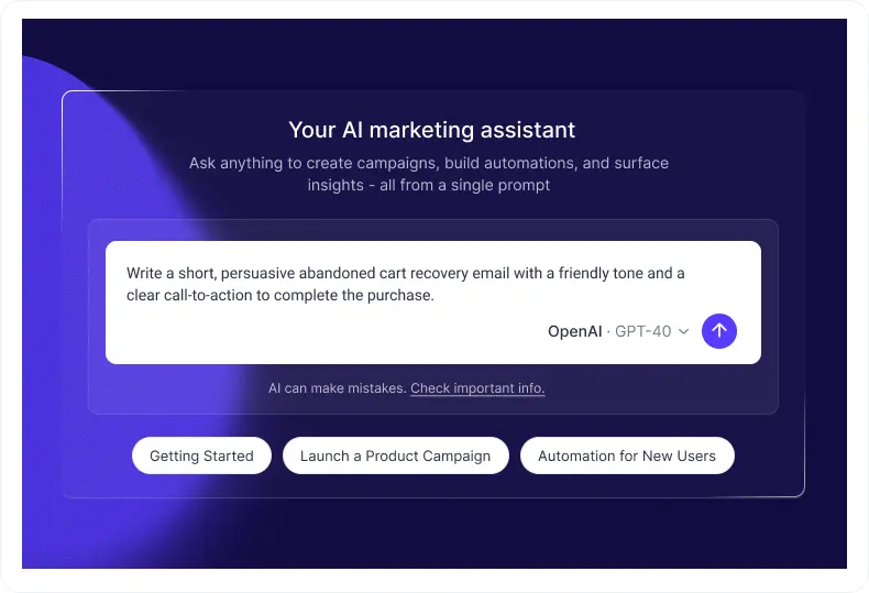 Mail Mint AI Assistant where users can describe what they want to do and quickly create campaigns or automations.