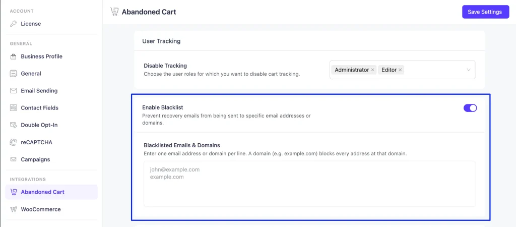 blacklist cart settings