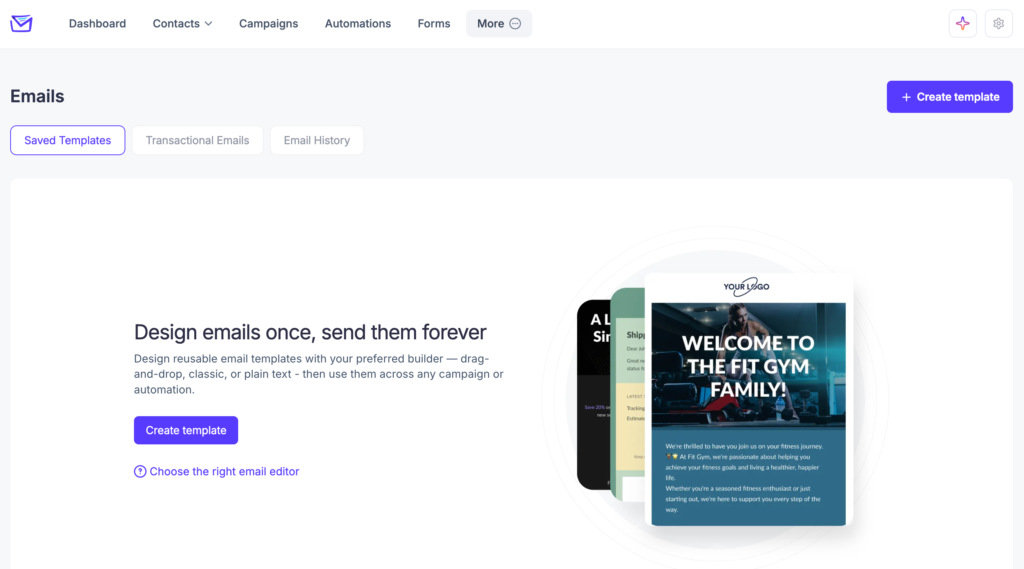 Email Templates Hub 1 Mail Mint Emails page showing the Saved Templates, Transactional Emails, and Email History tabs with the Create Template button