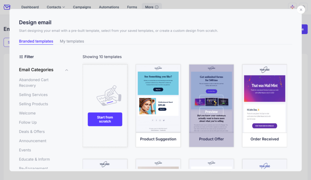 Email Templates Hub 2 Design Email modal showing the Branded Templates tab with category filter sidebar and template grid