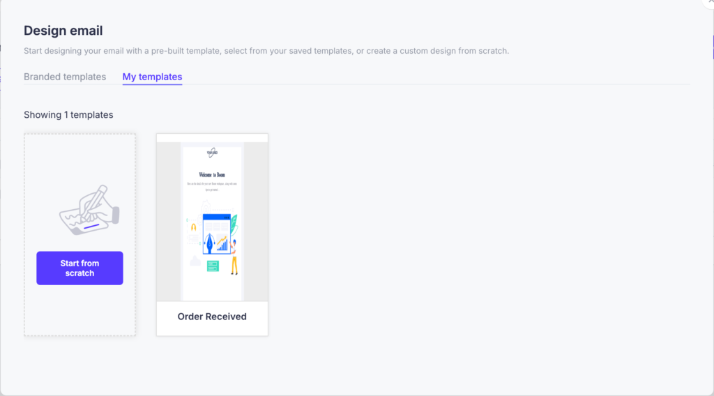 Email Templates Hub 3 Design Email modal on the My Templates tab showing the Start from Scratch option and a saved template thumbnail