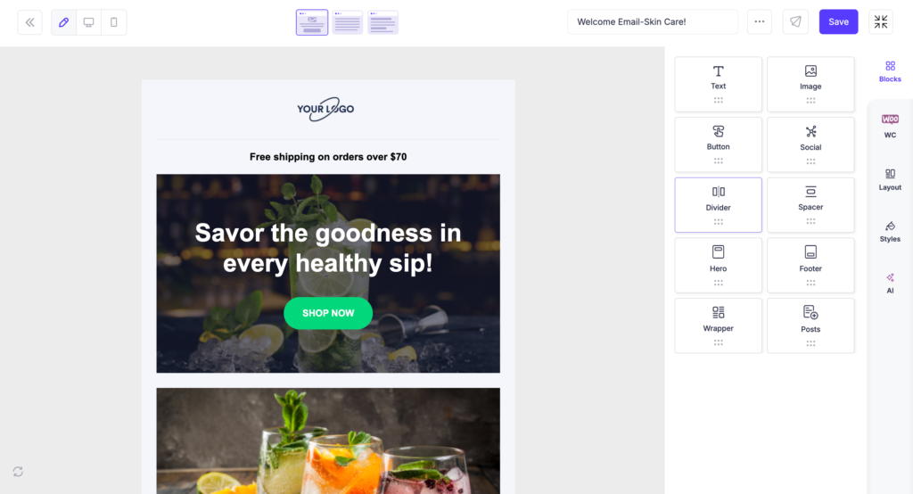 Email Templates Hub 4 Mail Mint email builder showing the design canvas, content block panel, and sidebar tabs including Blocks, WC, Layout, Styles, and AI