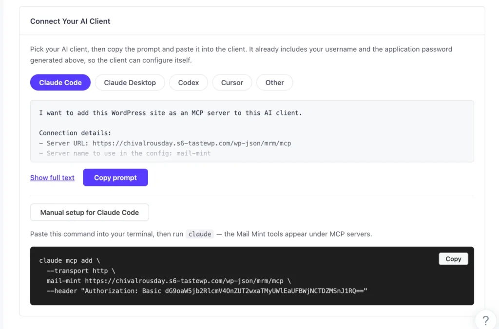 MCP for AI Agents 4 Mail Mint MCP Connect Your AI Client section showing client tabs for Claude Code, Claude Desktop, Codex, Cursor, and Other, with a partially visible pre-filled prompt and Copy prompt button