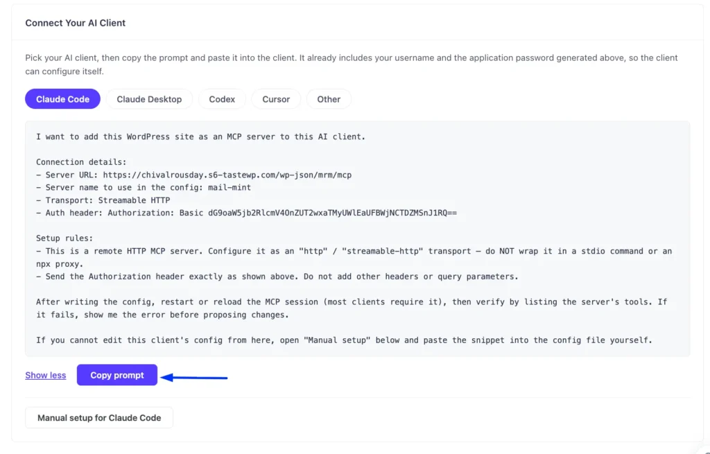 MCP for AI Agents 5 Mail Mint MCP settings page showing the full prompt expanded, including connection details (Server URL, Server name, Transport, Auth header) and setup rules