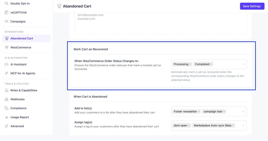 mark cart recovered settings