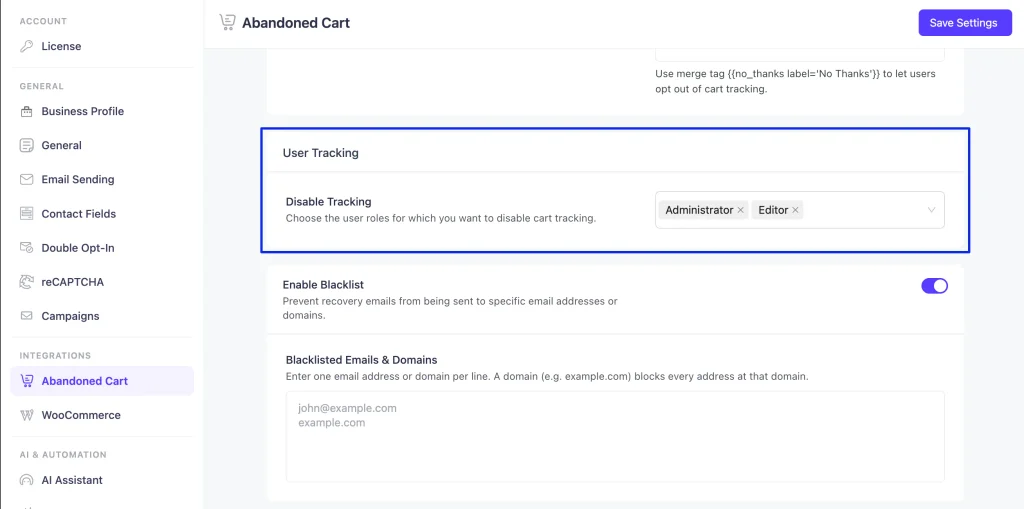 user tracking cart settings