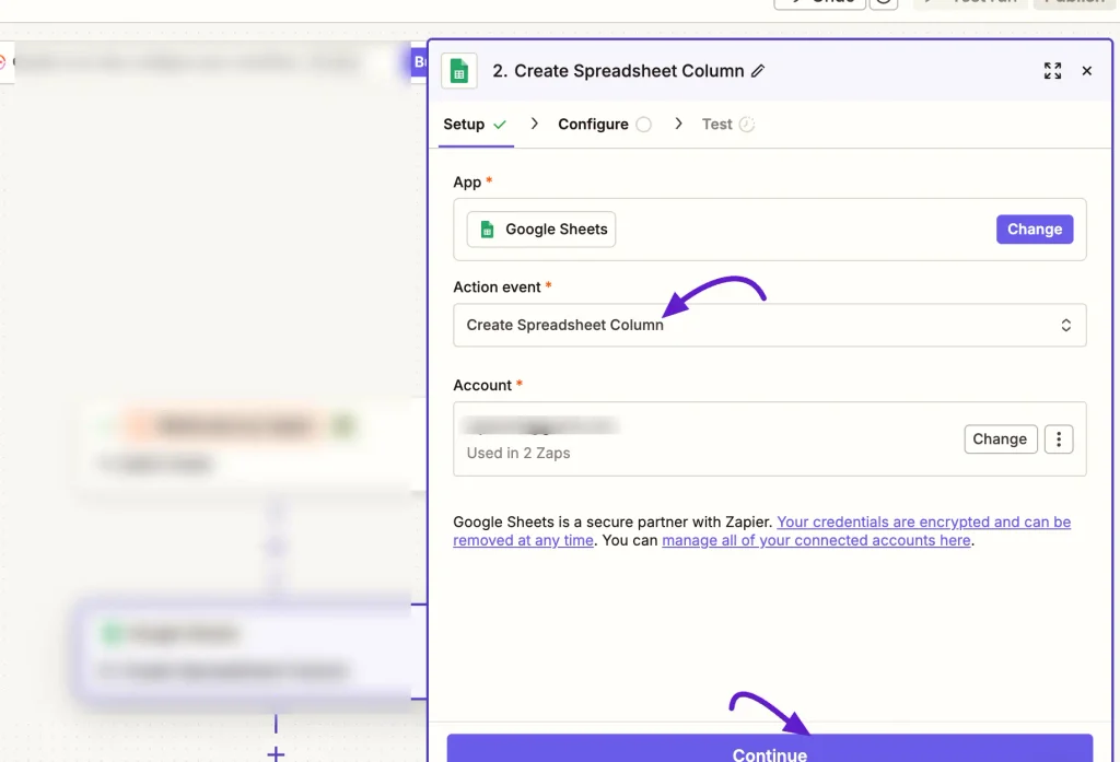 Configuring Google Sheets Action in Zapier