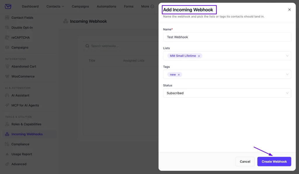 Webhook Integration with Mail Mint 2 Create Webhook Form