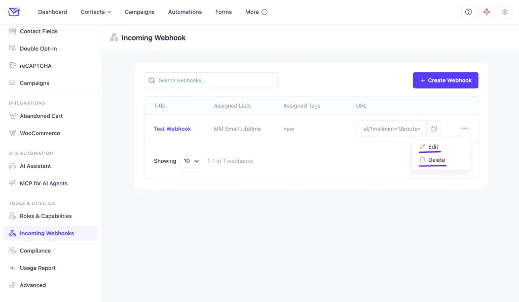 Webhook Integration with Mail Mint 3 Incoming Webhook Lists
