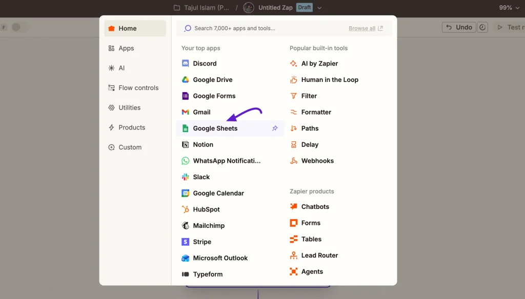 Google Sheets Action in Zapier