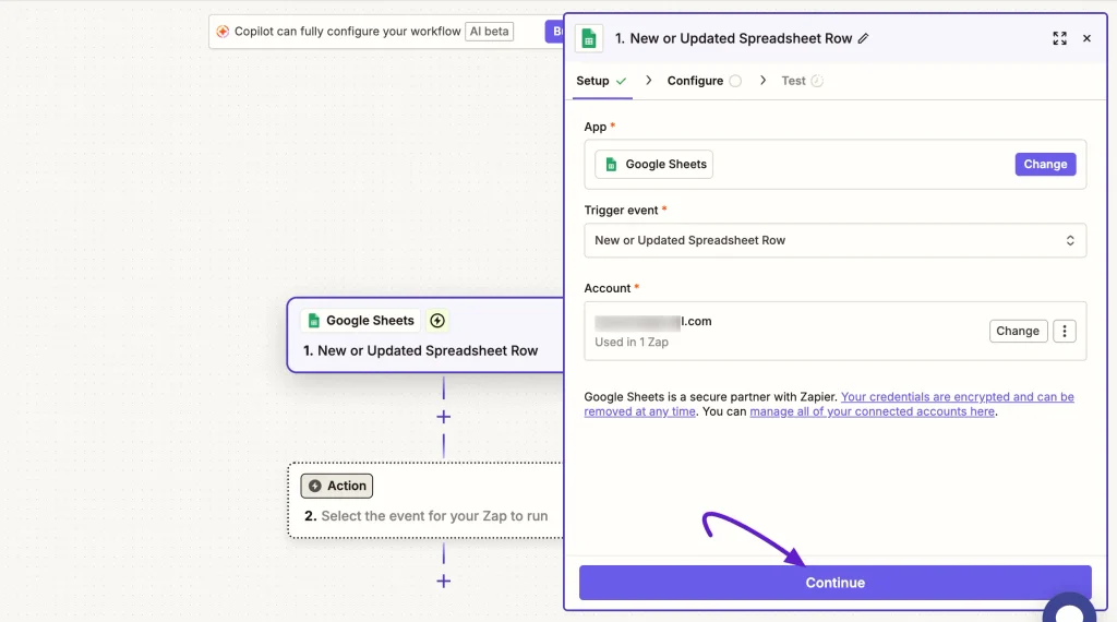 Configuration of Google Sheets Trigger in Zapier