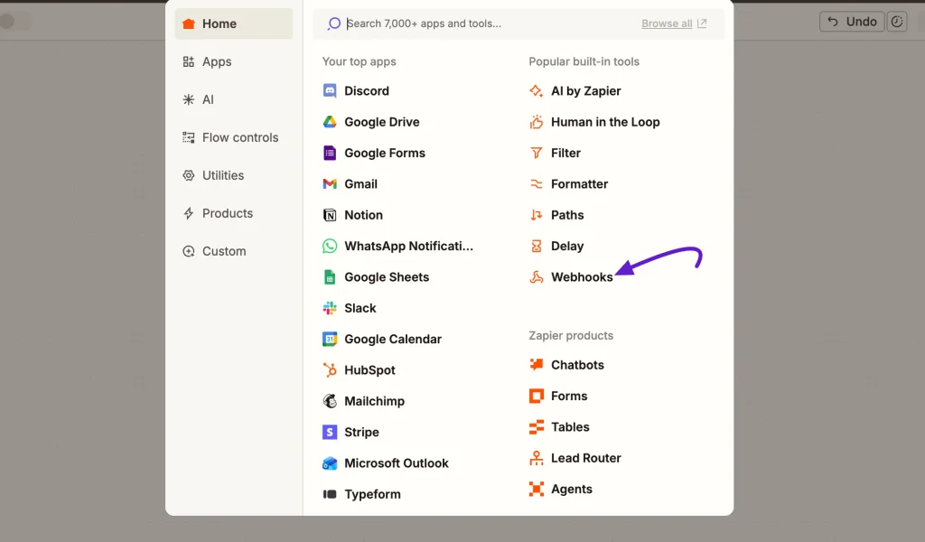 Webhook Action in Zapier