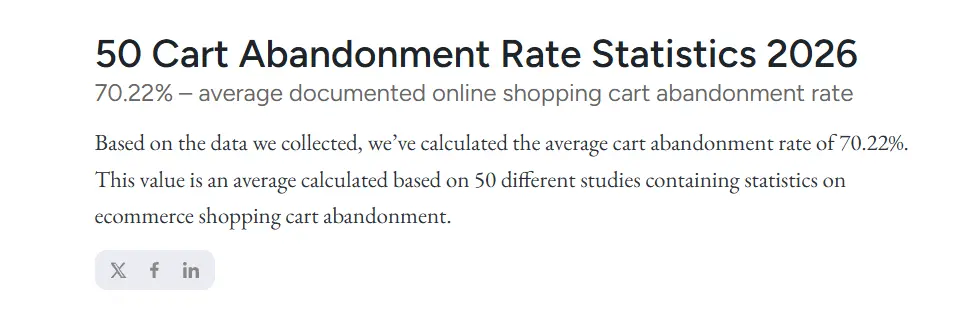 My WooCommerce Store Gets Traffic but Almost No Sales. Where Do I Look First? 3 Average ecommerce cart abandonment rate of 70.22% based on 50 studies
