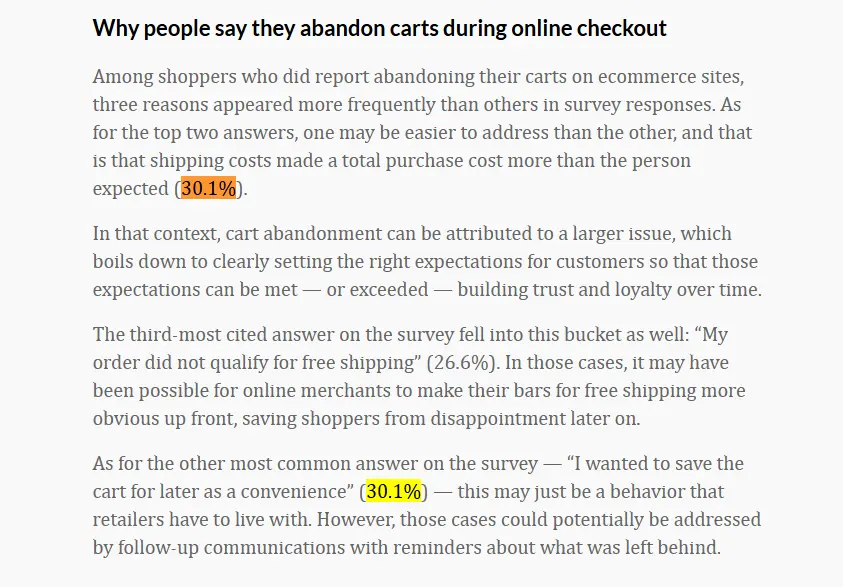 My WooCommerce Store Gets Traffic but Almost No Sales. Where Do I Look First? 4 Cart abandonment statistics showing unexpected shipping costs and lack of free shipping as common reasons for abandoning purchases
