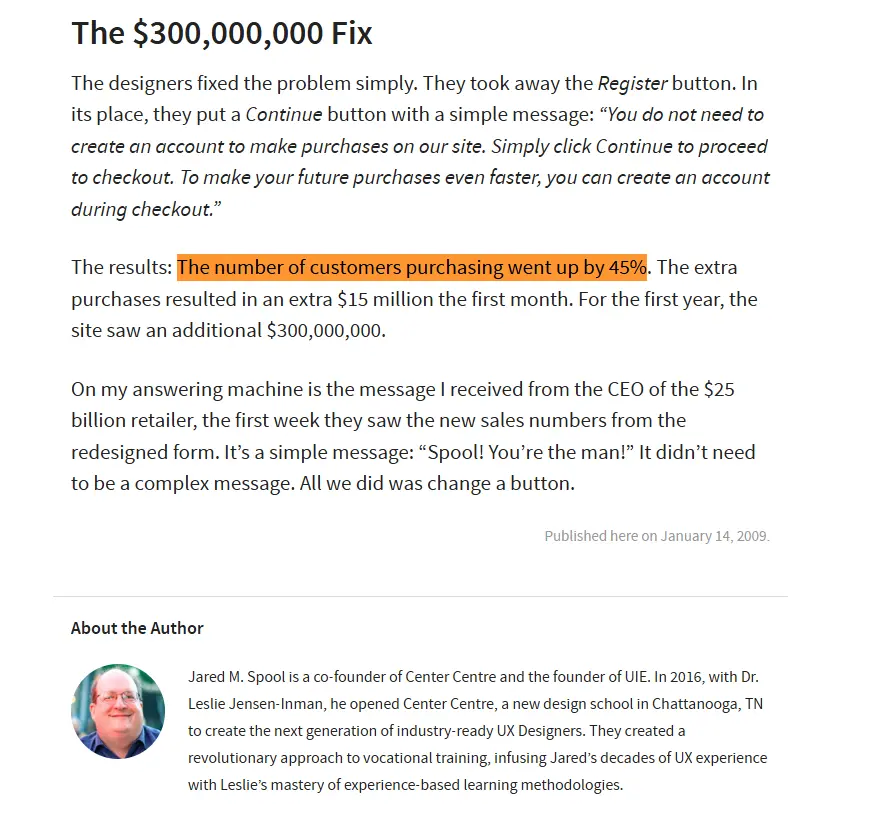 My WooCommerce Store Gets Traffic but Almost No Sales. Where Do I Look First? 5 Case study showing how replacing a registration button with a continue button increased purchases by 45%