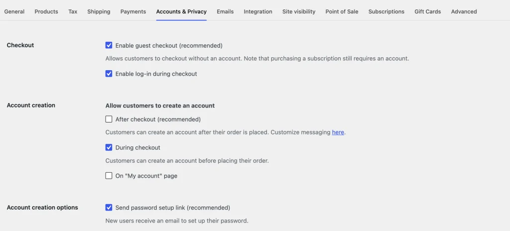 My WooCommerce Store Gets Traffic but Almost No Sales. Where Do I Look First? 6 WooCommerce Accounts and Privacy settings showing guest checkout and account creation options