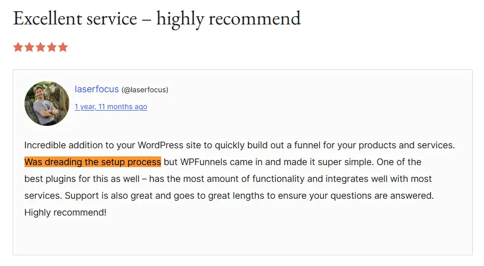My WooCommerce Store Gets Traffic but Almost No Sales. Where Do I Look First? 8 Customer review praising WPFunnels for its easy setup, functionality, and support